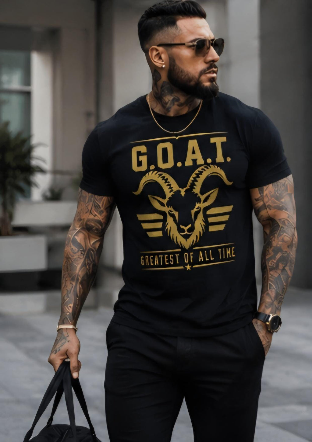 G.O.A.T. Greatest Of All Time Graphic Tee, Black Gold Motivational Shirt