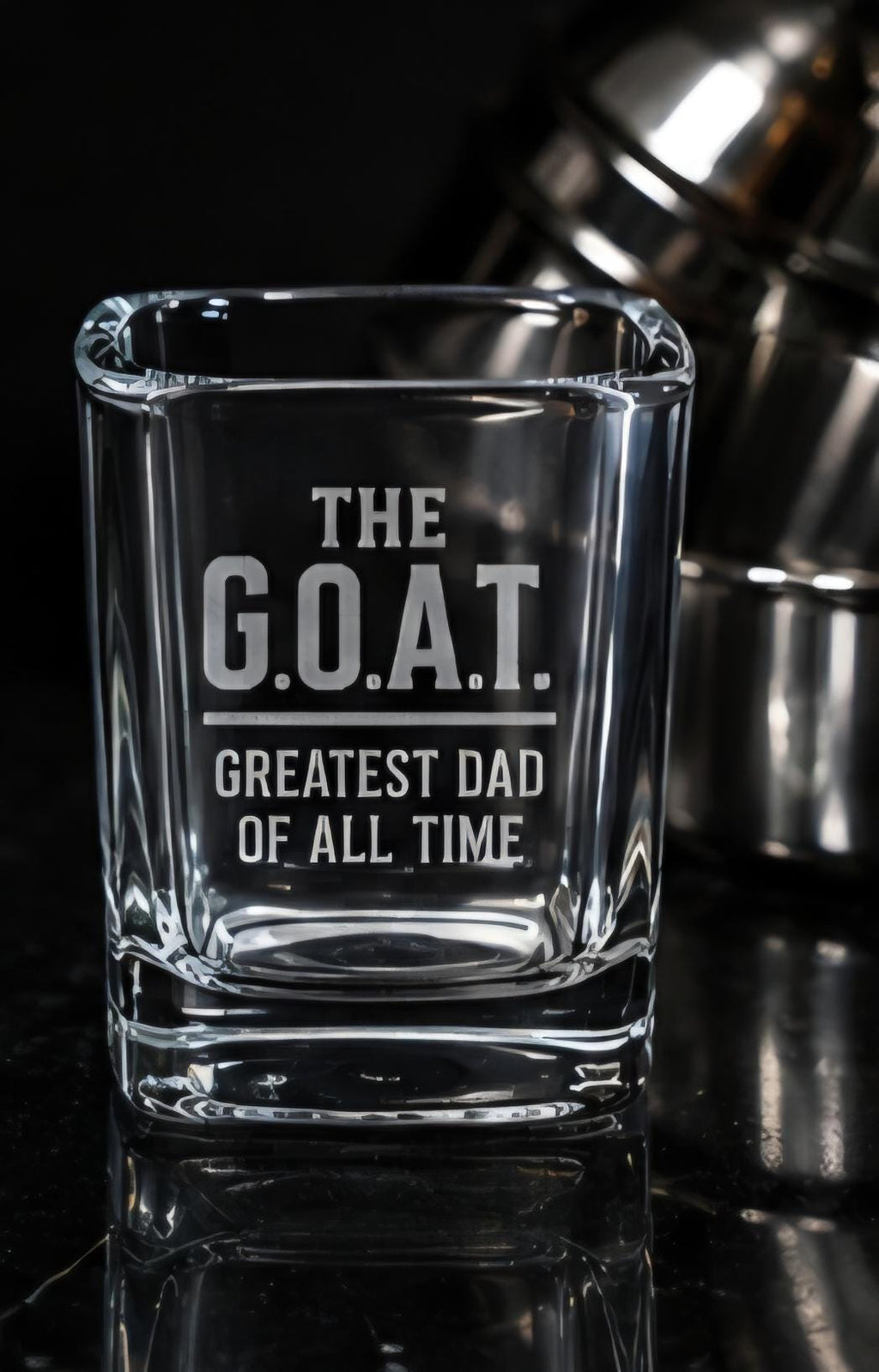 The Goat Whiskey Shot Glass | Greatest Dad of All Time Engraved Barware