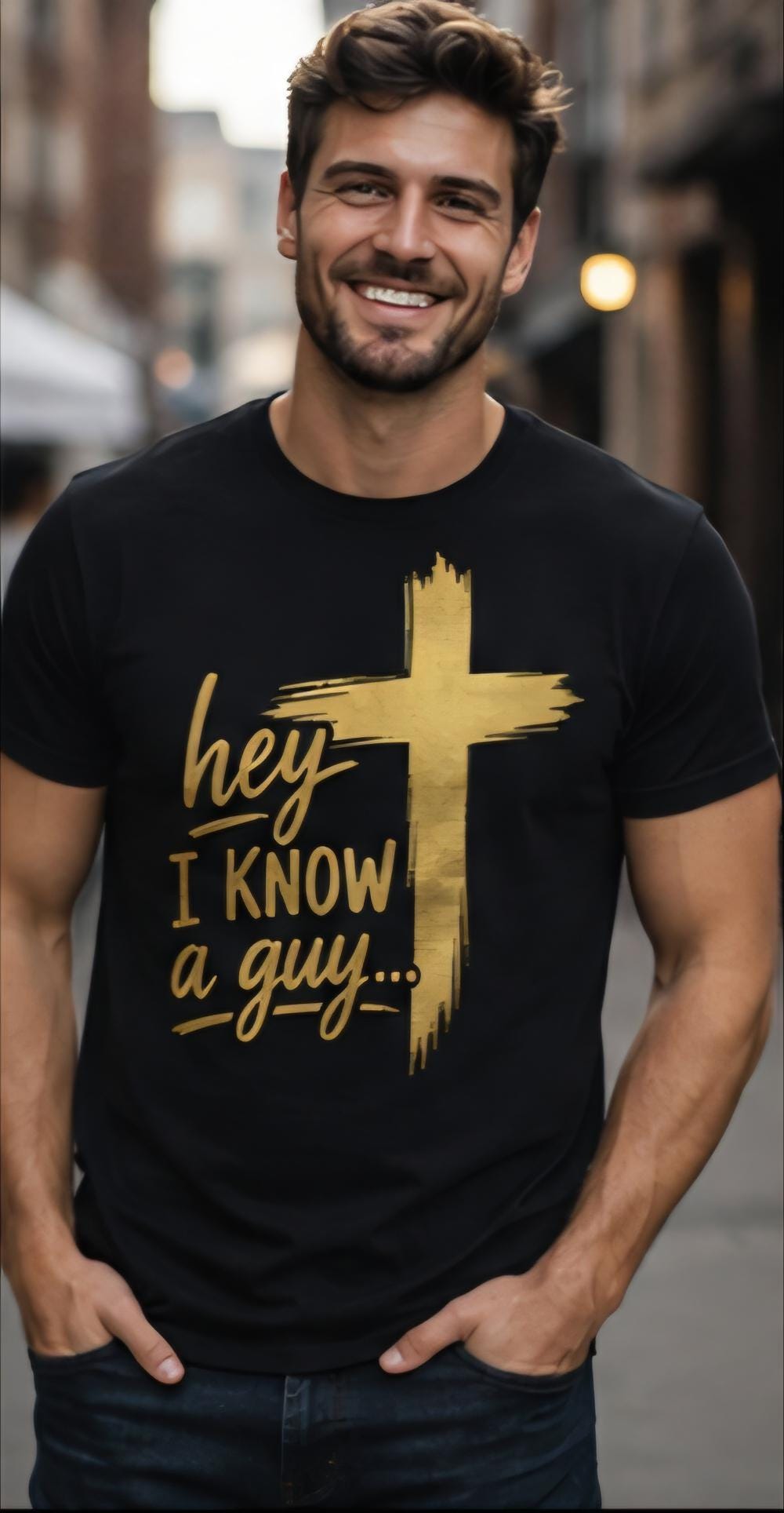Christian Faith Cross T-Shirt: Hey I Know a Guy Religious Apparel