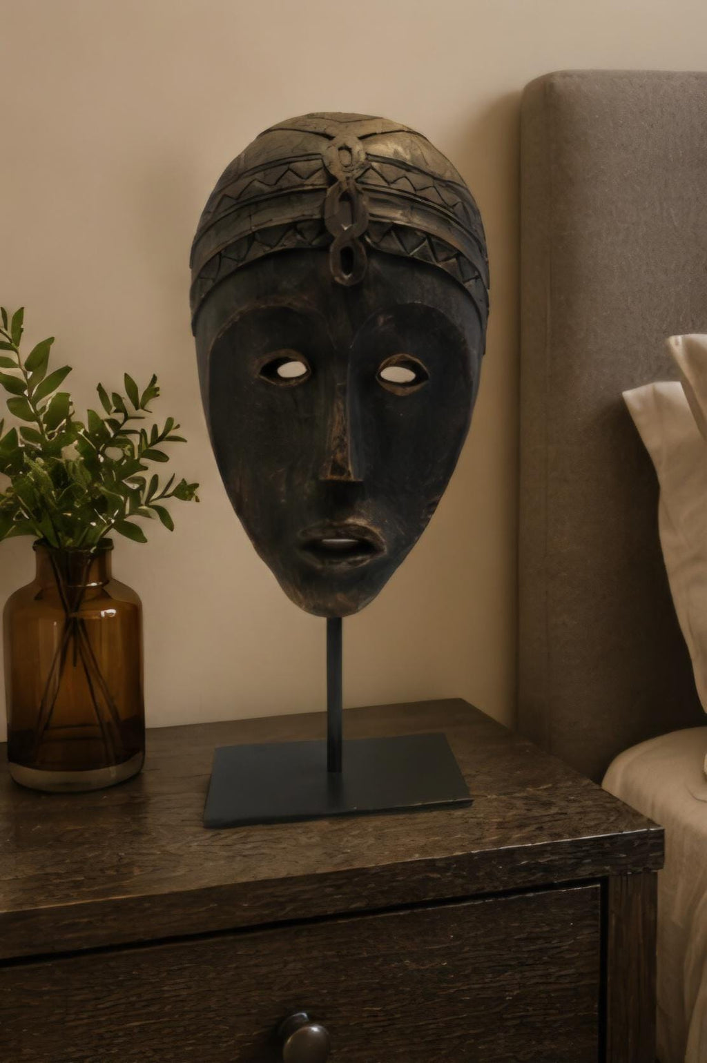 African Tribal Wood Mask Sculpture on Stand Solid Wood Afrocentric Home Decor Hand Carved Style Statement Art Boho Luxury Decor