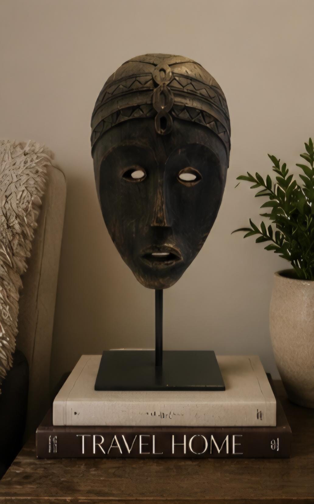 African Tribal Wood Mask Sculpture on Stand Solid Wood Afrocentric Home Decor Hand Carved Style Statement Art Boho Luxury Decor