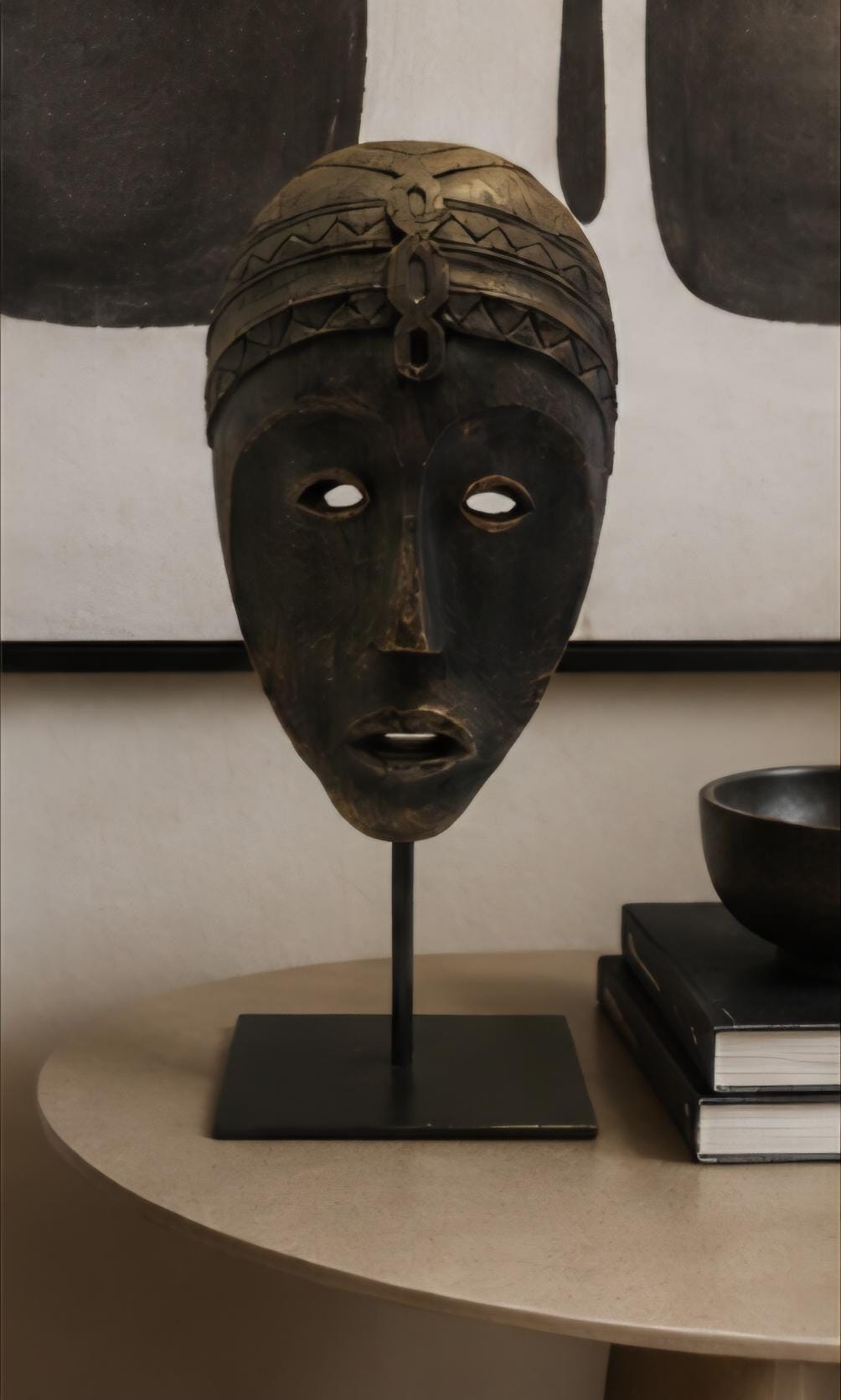 African Tribal Wood Mask Sculpture on Stand Solid Wood Afrocentric Home Decor Hand Carved Style Statement Art Boho Luxury Decor