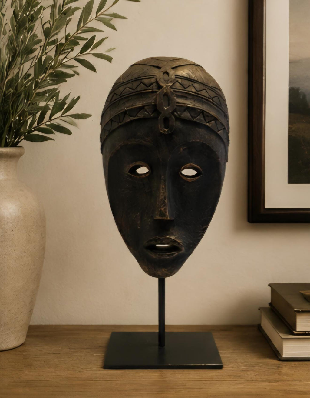 African Tribal Wood Mask Sculpture on Stand Solid Wood Afrocentric Home Decor Hand Carved Style Statement Art Boho Luxury Decor