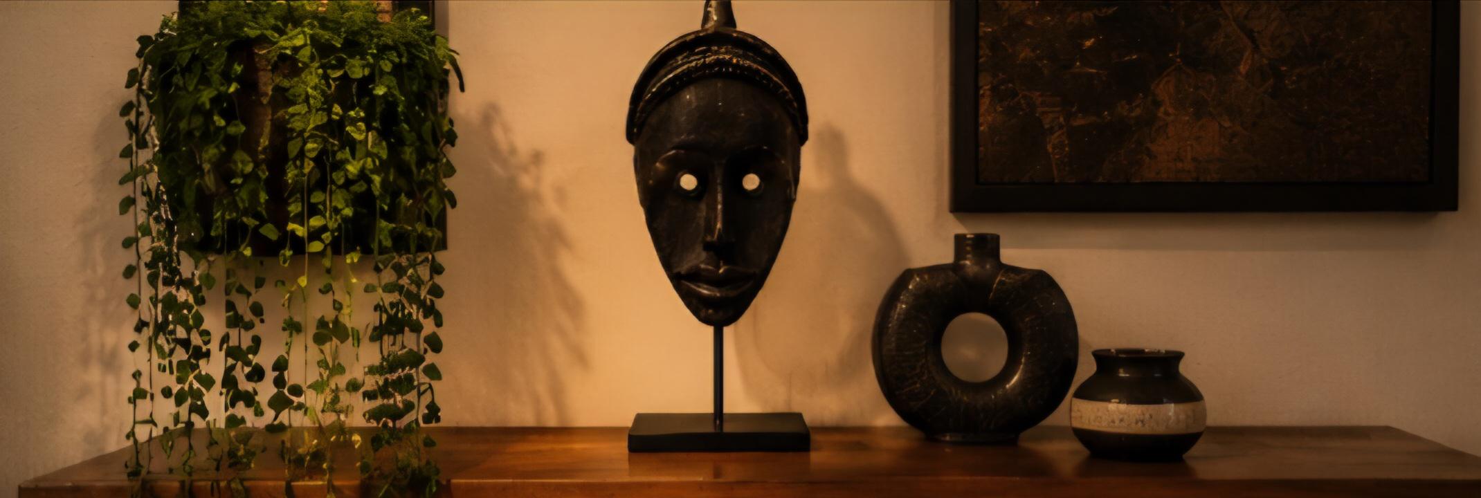 Hand Carved African Wood Mask Sculpture on Stand Solid Wood Tribal Decor 17.5 Inch Statement Art