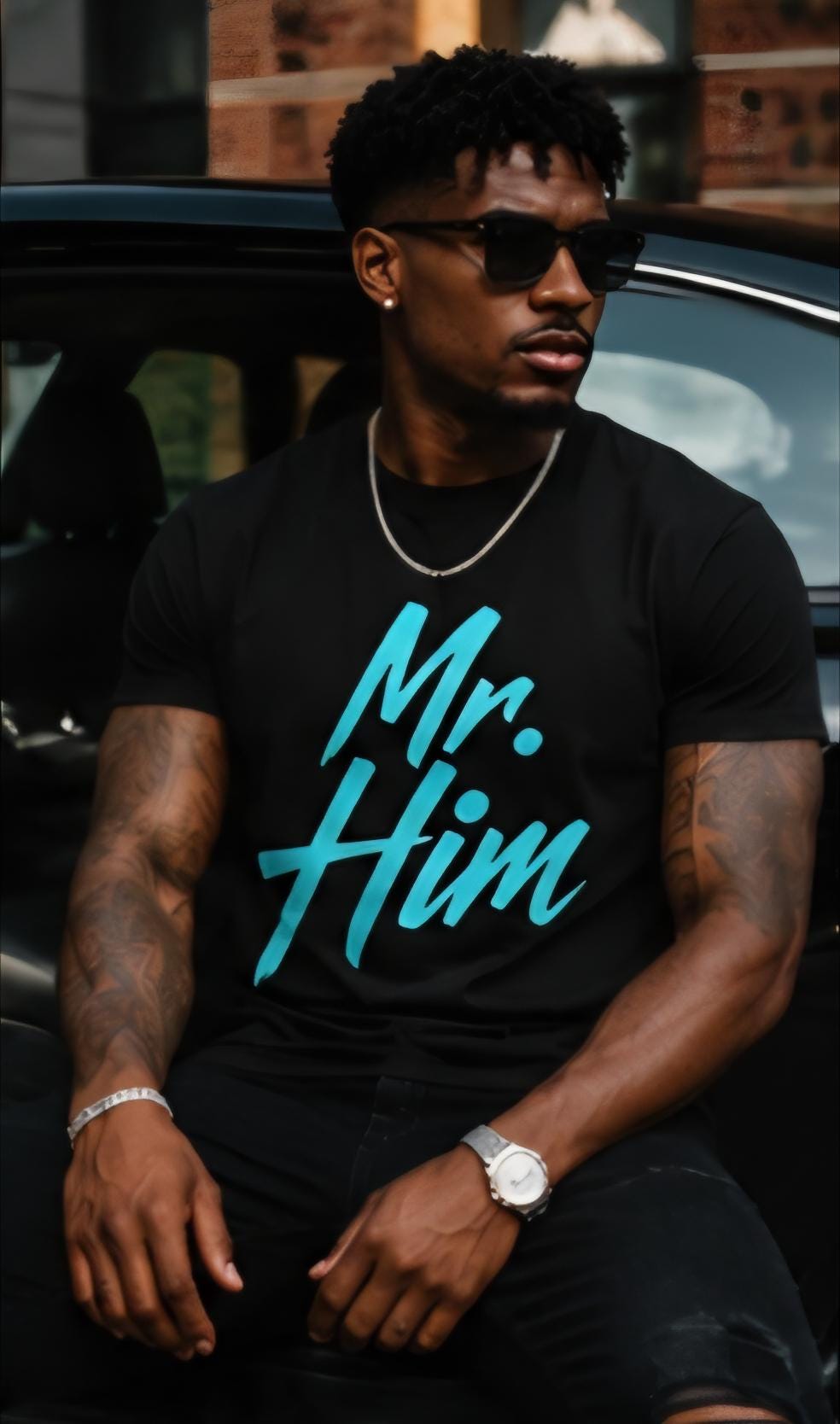 Mr. Him Statement Tee: Black Aqua Lettering Streetwear Shirt