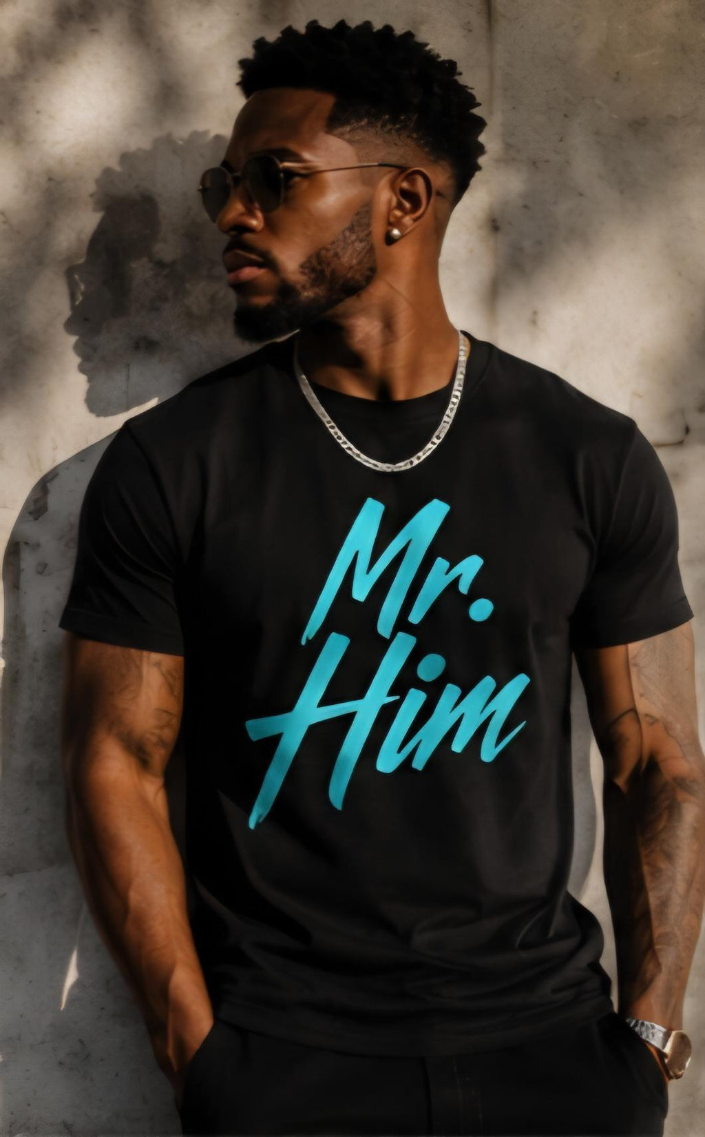 Mr. Him Statement Tee: Black Aqua Lettering Streetwear Shirt