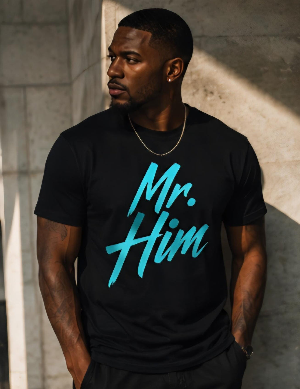Mr. Him Statement Tee: Black Aqua Lettering Streetwear Shirt