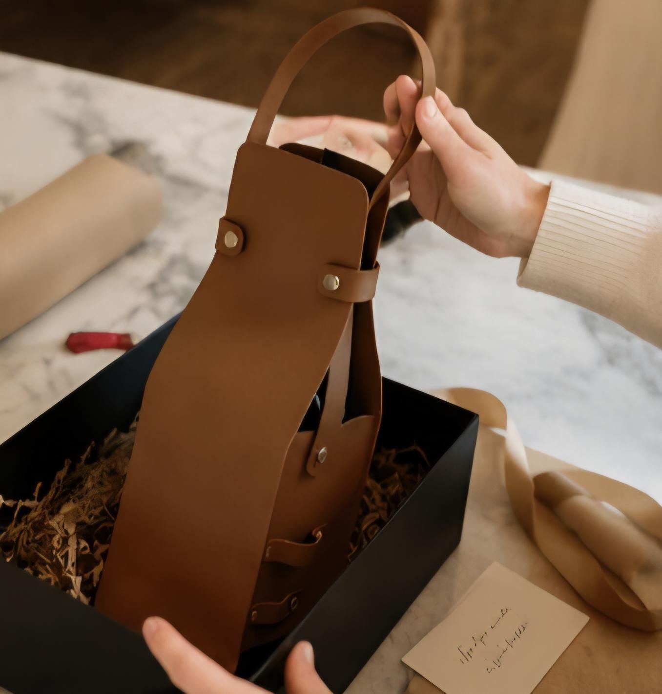 Personalized Leather Wine Bottle Carrier, Custom Engraved Wine Tote Bag