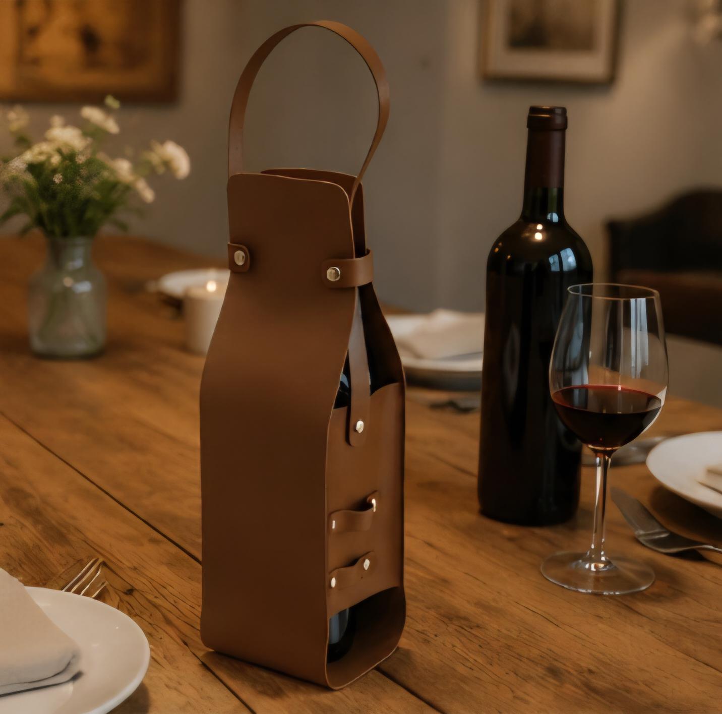 Personalized Leather Wine Bottle Carrier, Custom Engraved Wine Tote Bag