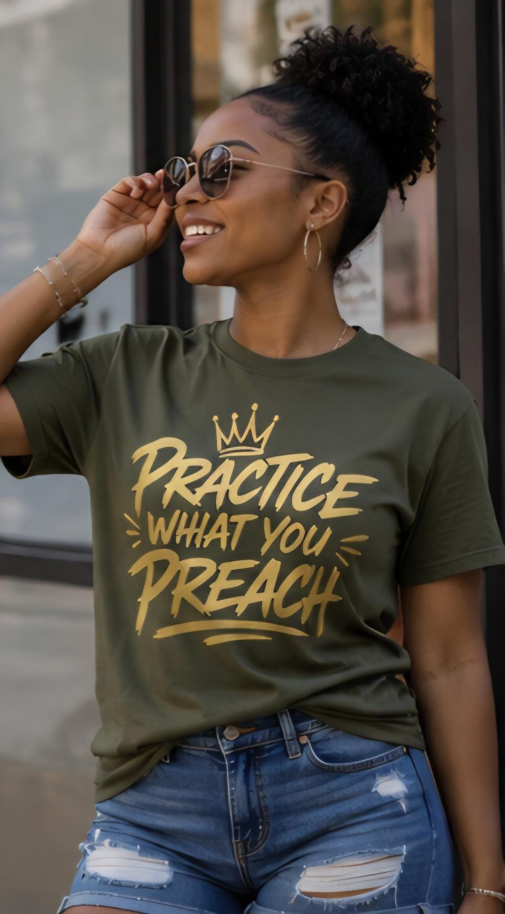 Practice What You Preach Military Green Graphic Tee – Gold Vinyl Statement Shirt