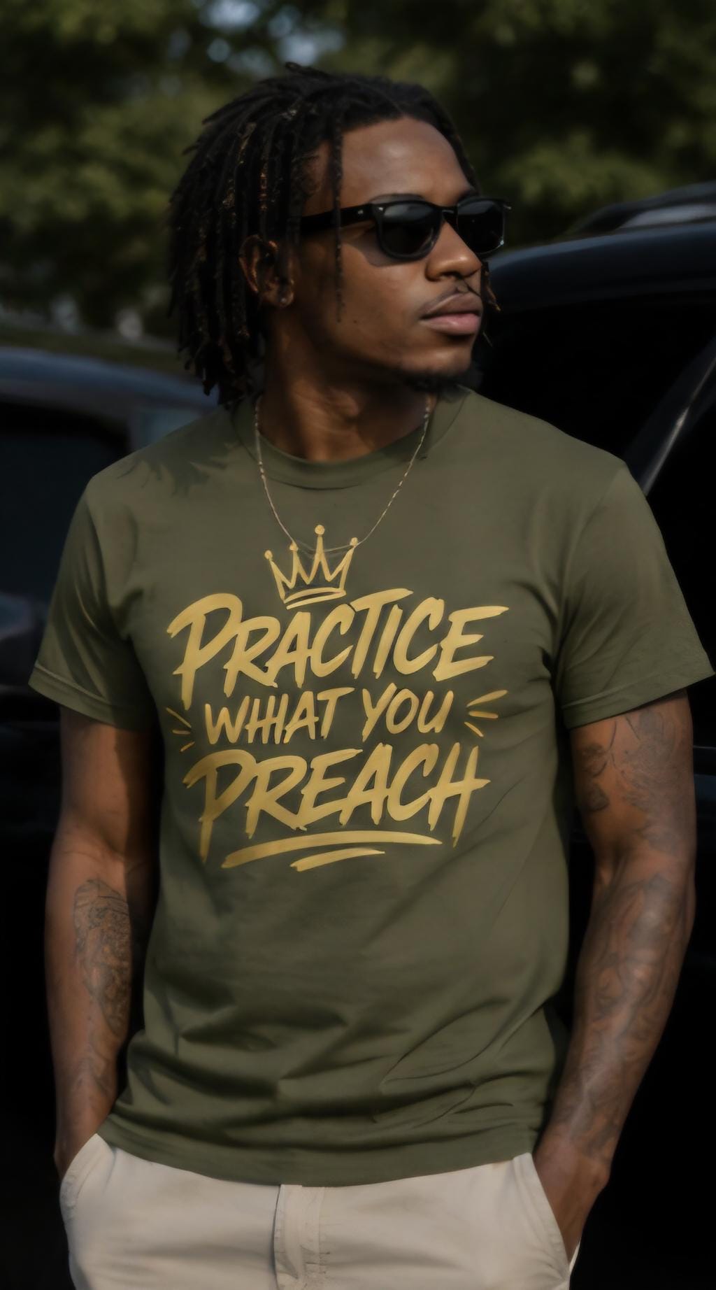 Practice What You Preach Military Green Graphic Tee – Gold Vinyl Statement Shirt