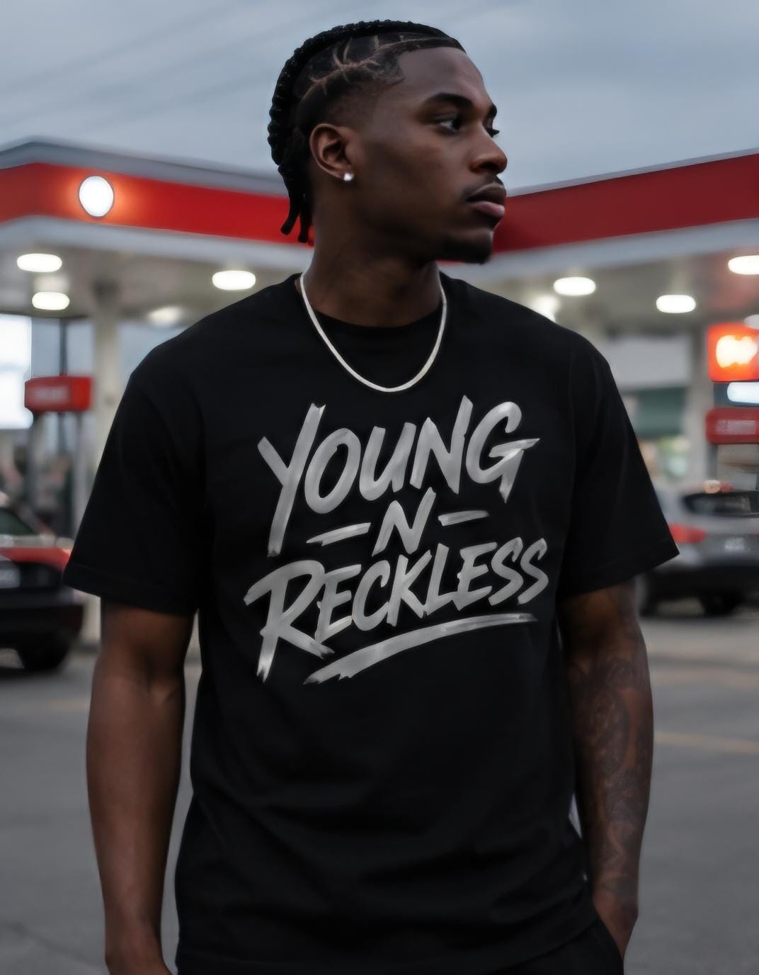 Young N Reckless Black T-Shirt: Silver Vinyl Graphic Streetwear Tee