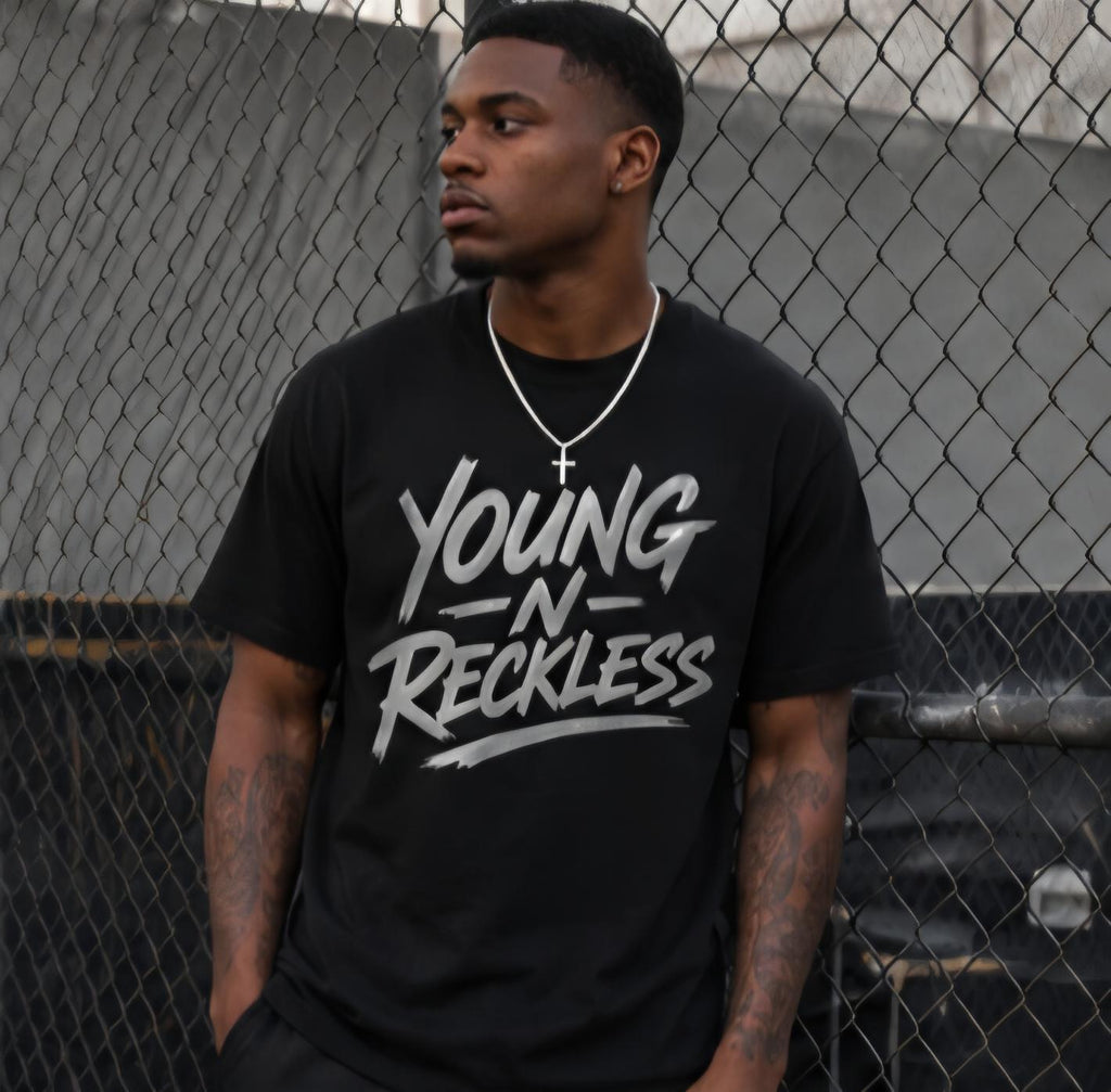 Young N Reckless Black T-Shirt: Silver Vinyl Graphic Streetwear Tee