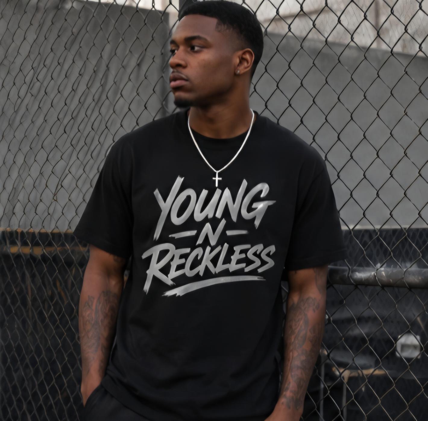 Young N Reckless Black T-Shirt: Silver Vinyl Graphic Streetwear Tee