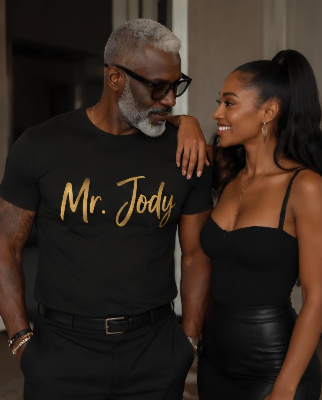 Mr Jody Shirt: Gold Vinyl Style Graphic Tee for Older Men
