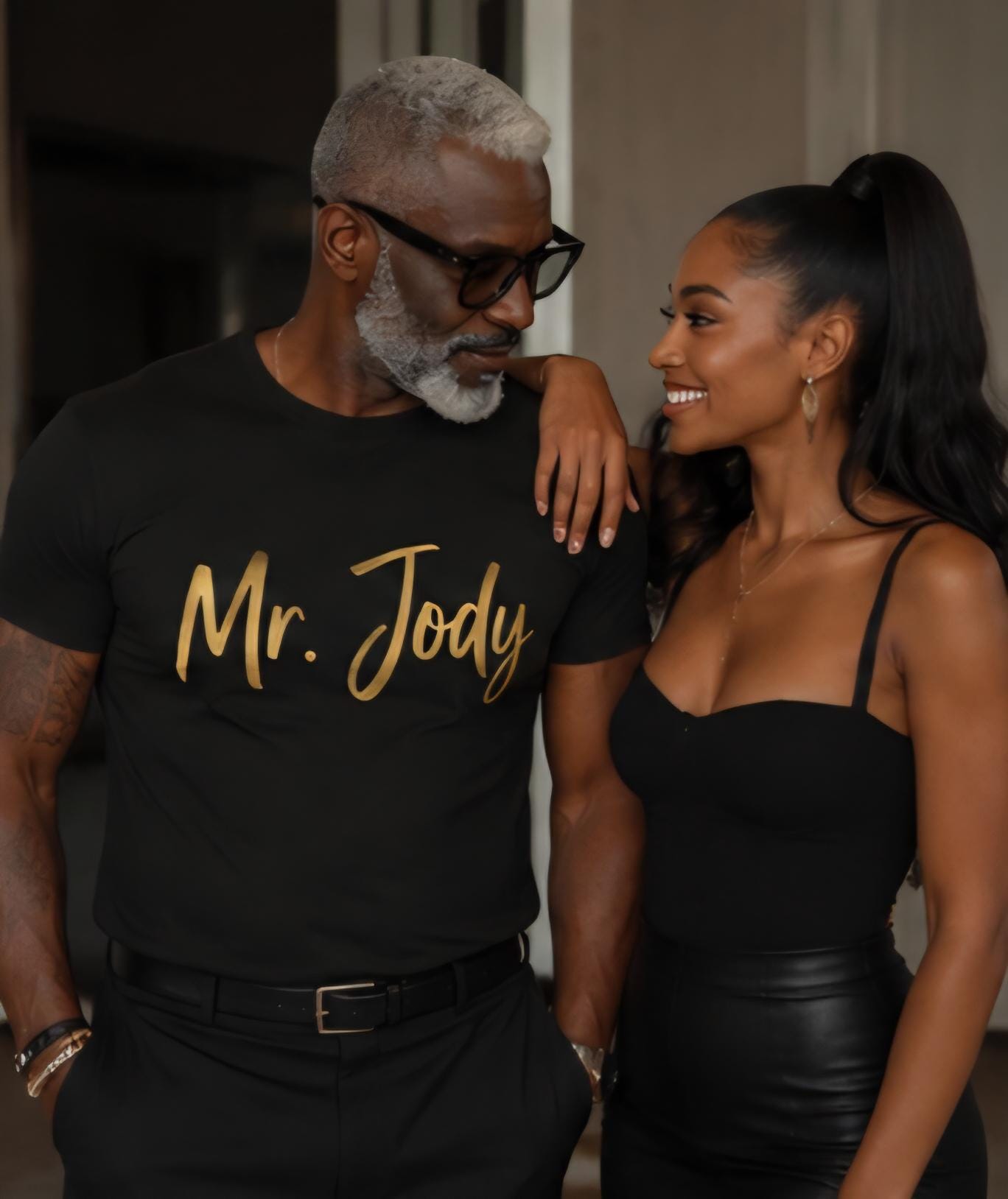Mr Jody Shirt: Gold Vinyl Style Graphic Tee for Older Men