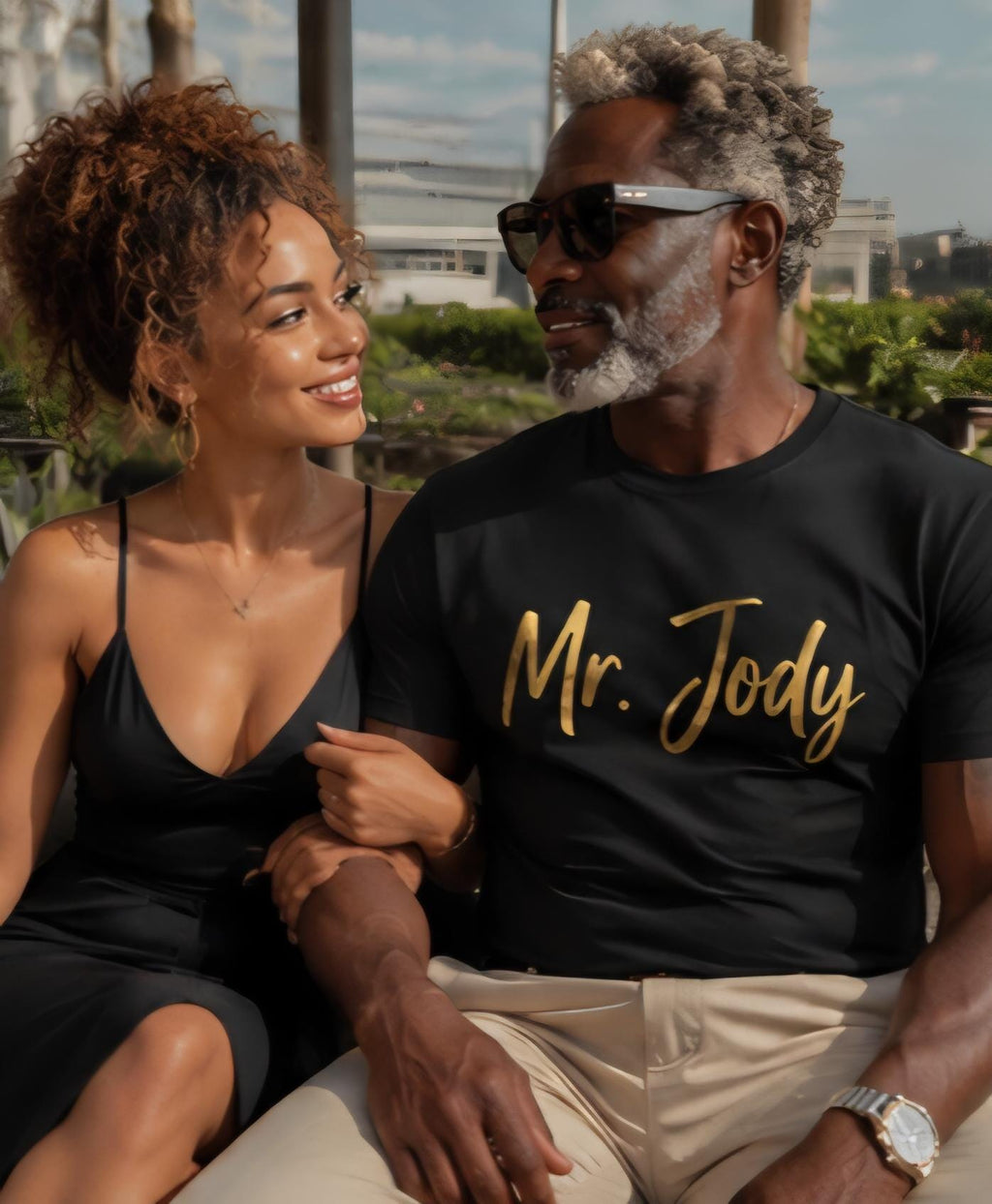 Mr Jody Shirt: Gold Vinyl Style Graphic Tee for Older Men