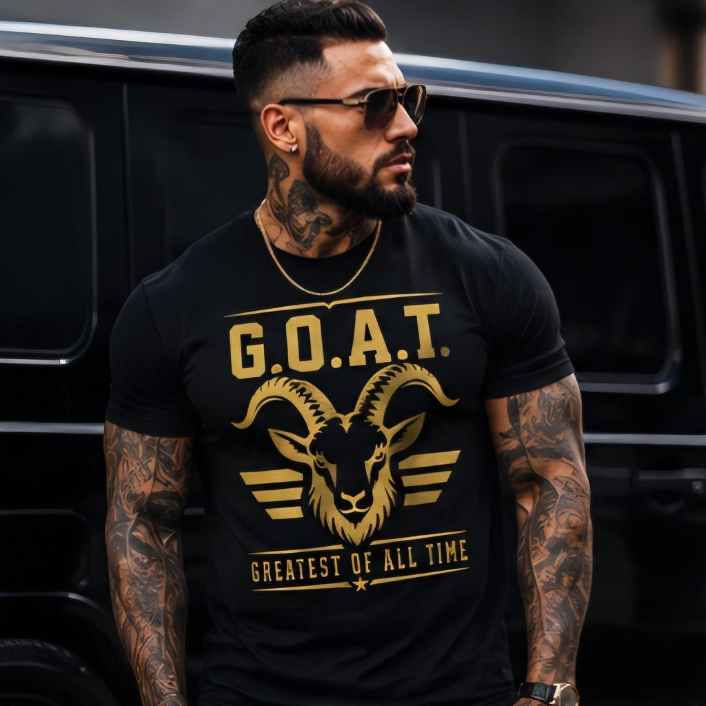 G.O.A.T. Greatest Of All Time Graphic Tee, Black Gold Motivational Shirt