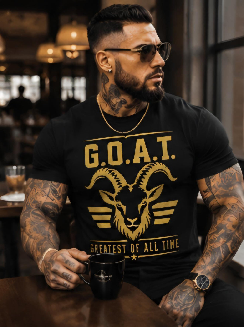 G.O.A.T. Greatest Of All Time Graphic Tee, Black Gold Motivational Shirt