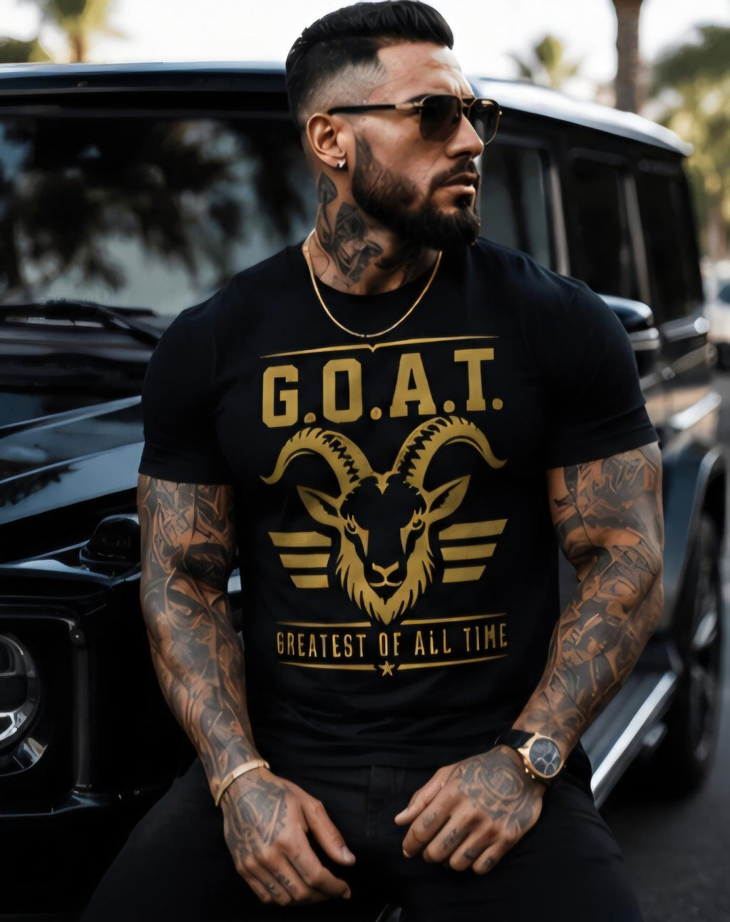 G.O.A.T. Greatest Of All Time Graphic Tee, Black Gold Motivational Shirt