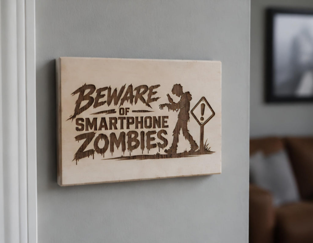 Laser Engraved Wood Sign, Smartphone Zombies Humor, Office Desk Decor, Man Cave Gift