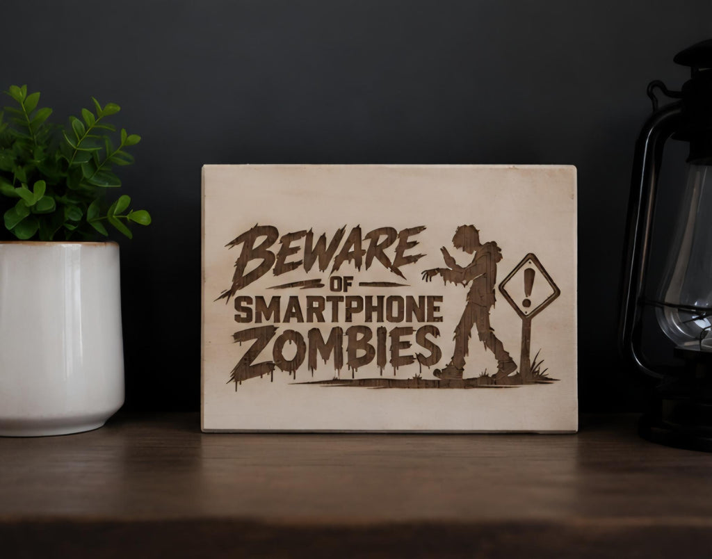 Laser Engraved Wood Sign, Smartphone Zombies Humor, Office Desk Decor, Man Cave Gift