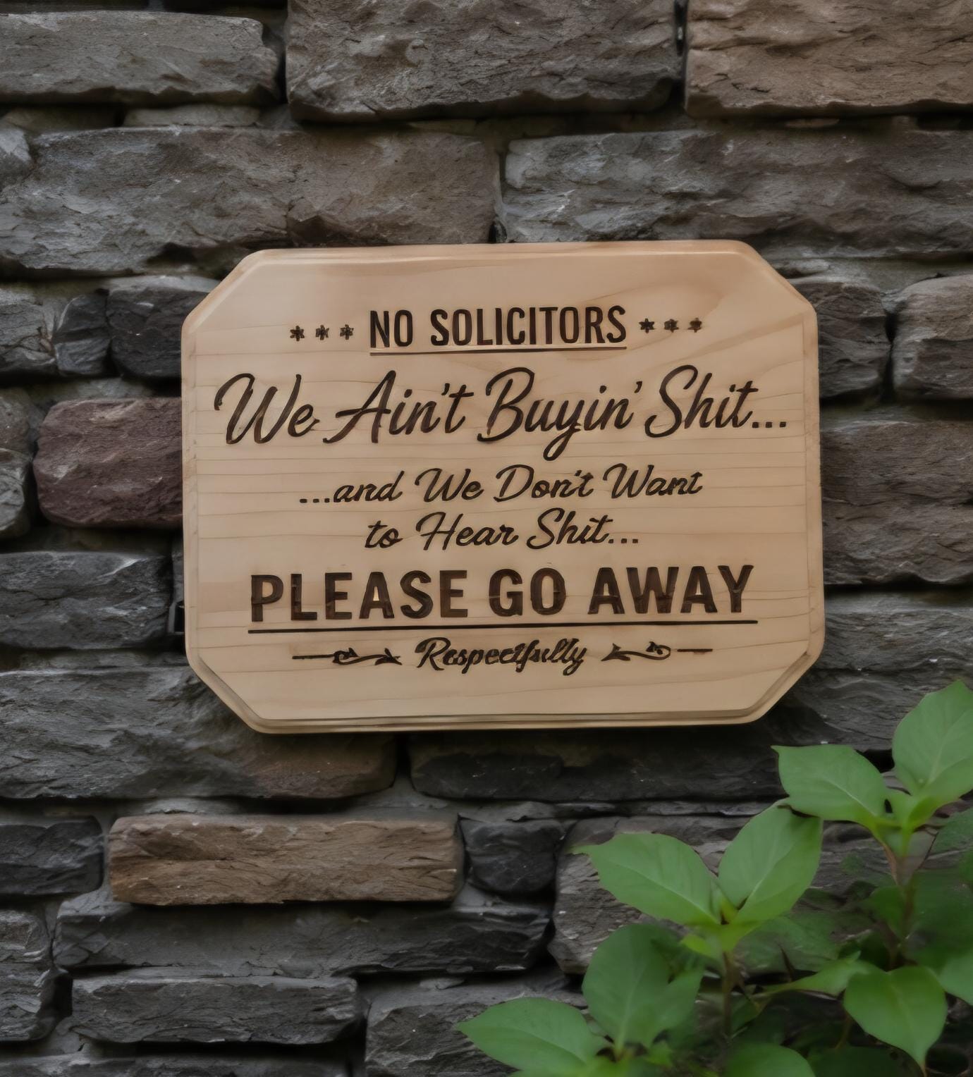 No Solicitors We Ain't Buyin Shit Funny Wooden Sign 9x7 Laser Engraved Door Sign
