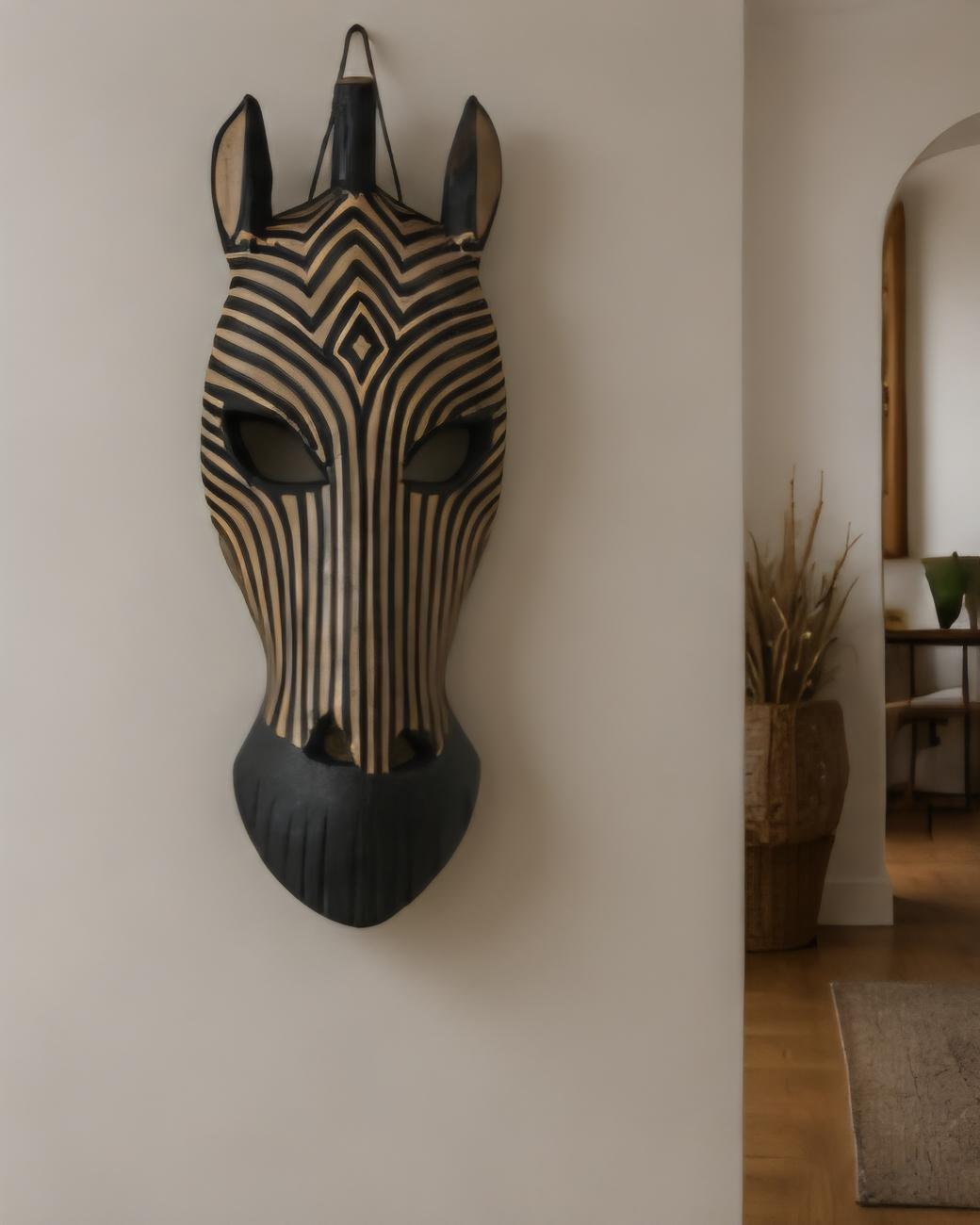 Hand Carved Zebra Mask, 15x6 Tribal Wall Art, African Safari Decor, Cultural Accent