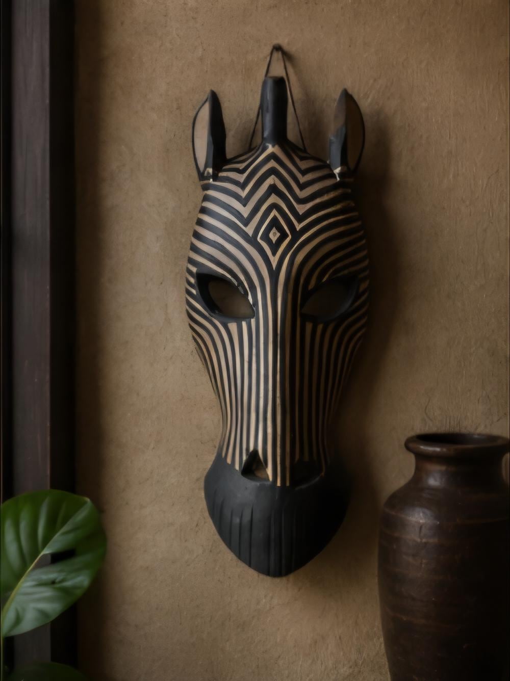 Hand Carved Zebra Mask, 15x6 Tribal Wall Art, African Safari Decor, Cultural Accent