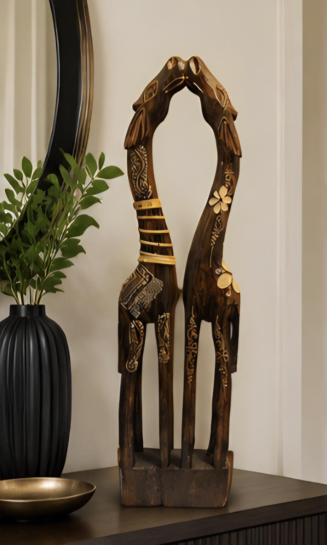 Hand-Carved Intertwined Giraffe Sculpture – African Wood Art Décor, 28 Inch Tall Statement Piece