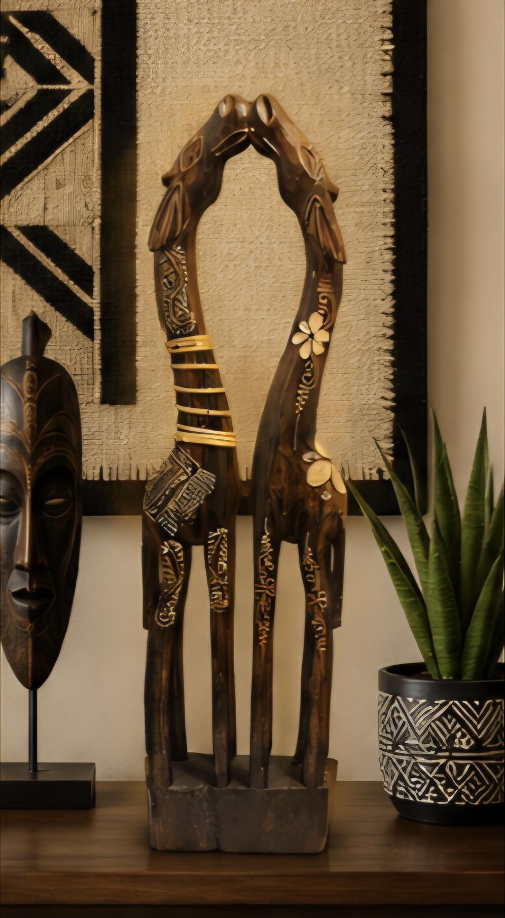 Hand-Carved Intertwined Giraffe Sculpture – African Wood Art Décor, 28 Inch Tall Statement Piece