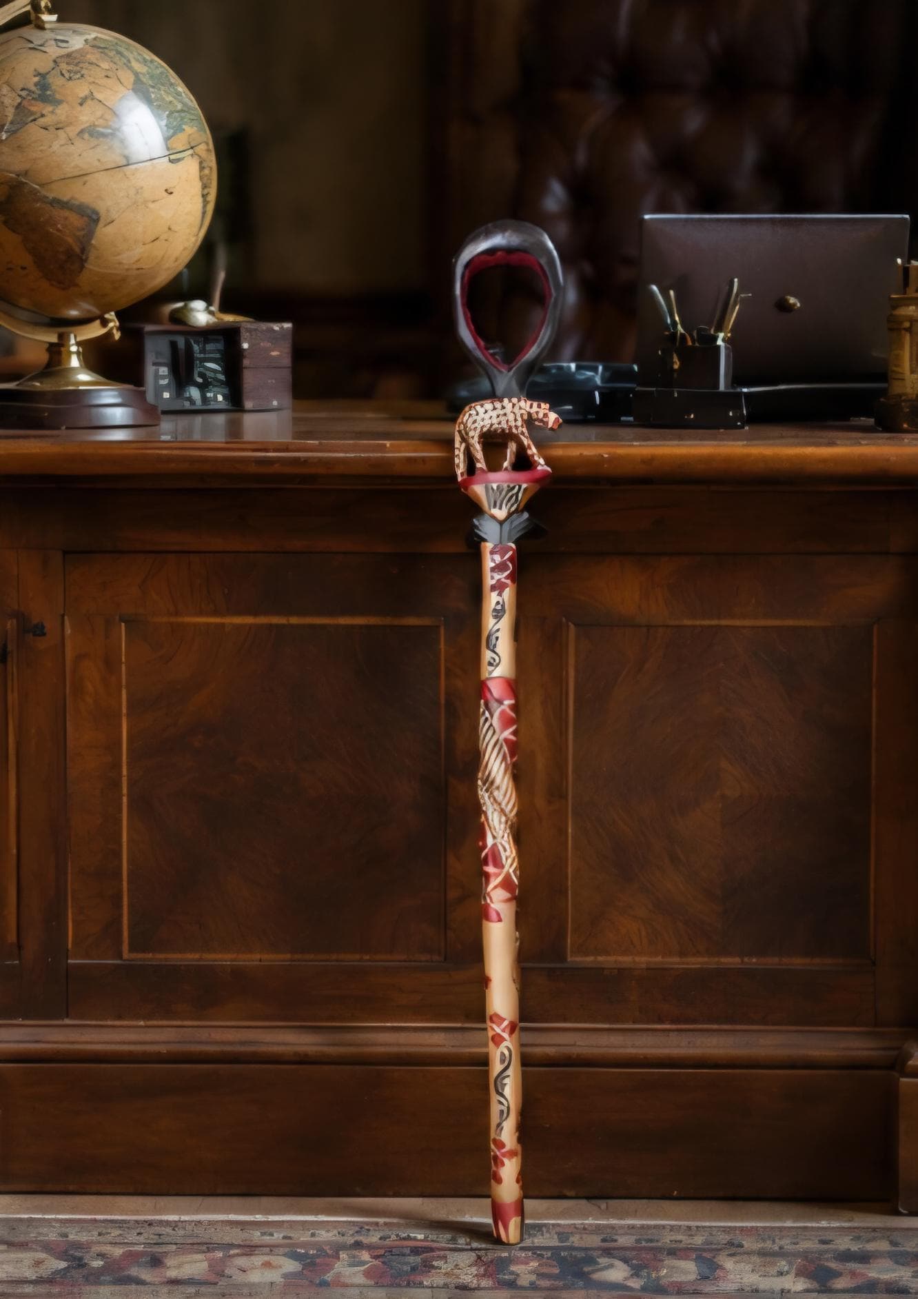 Hand Carved Kenyan Leopard Cane – African Tribal Walking Stick, Safari Decor