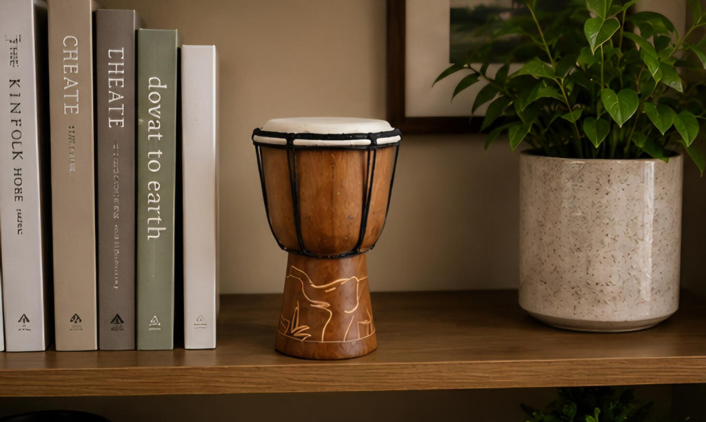 Hand Carved African Drum Decor | 9 Inch Wooden Cultural Art Accent