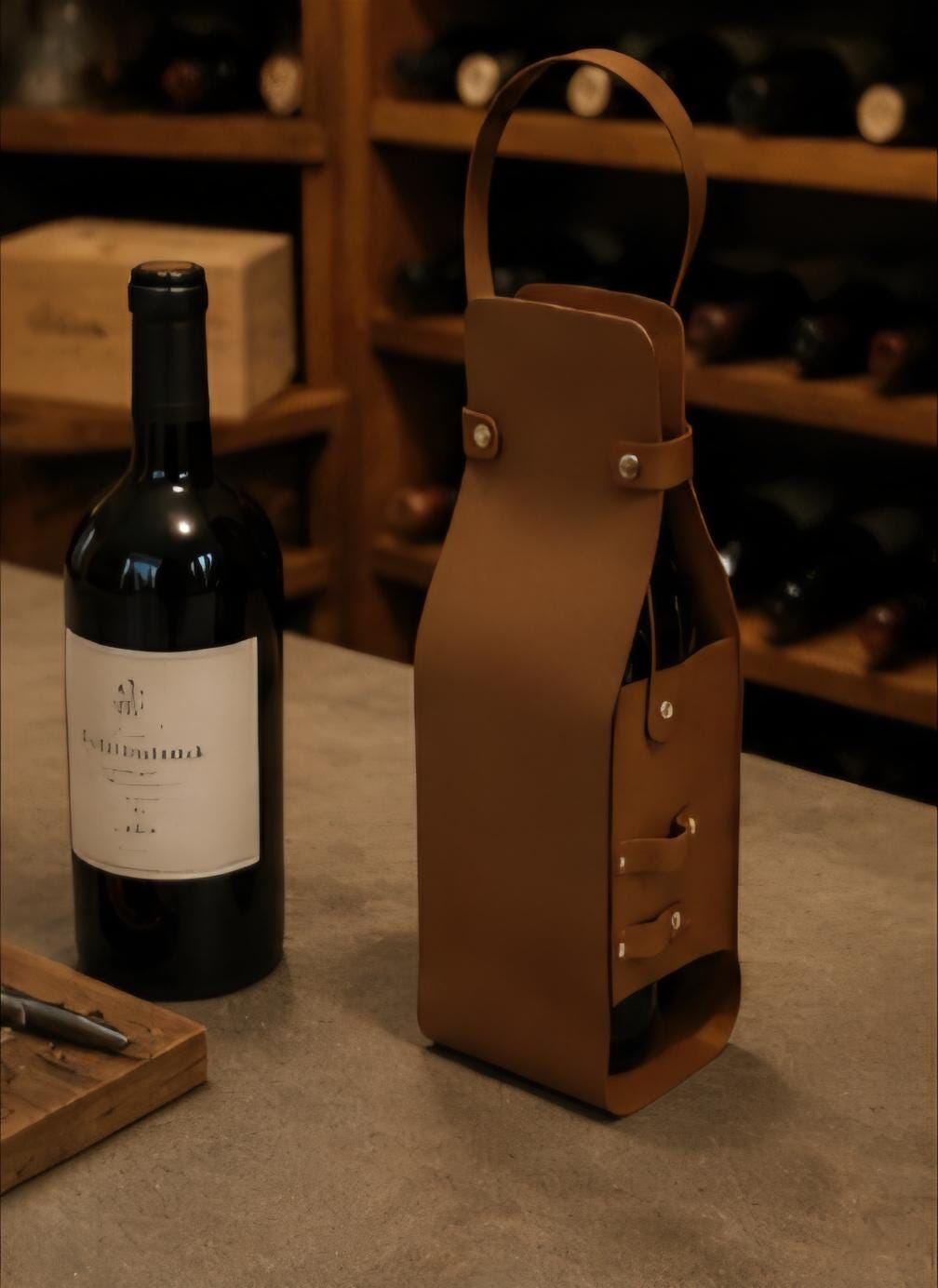 Personalized Leather Wine Bottle Carrier, Custom Engraved Wine Tote Bag