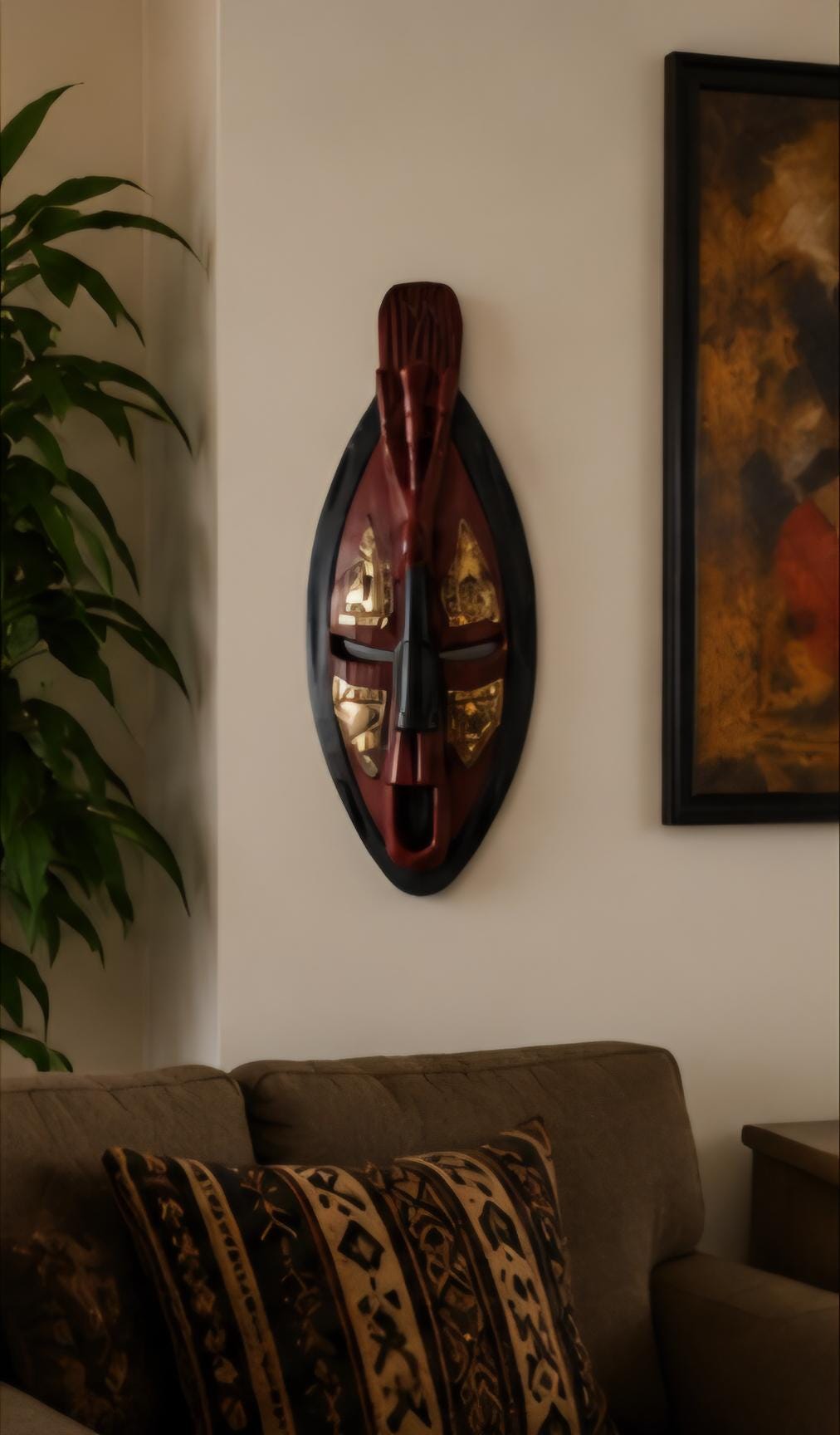 Hand Carved African Wooden Mask, Tribal Wall Decor, Boho Rustic Accent (17 x 5)