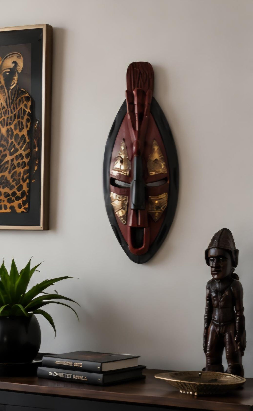 Hand Carved African Wooden Mask, Tribal Wall Decor, Boho Rustic Accent (17 x 5)