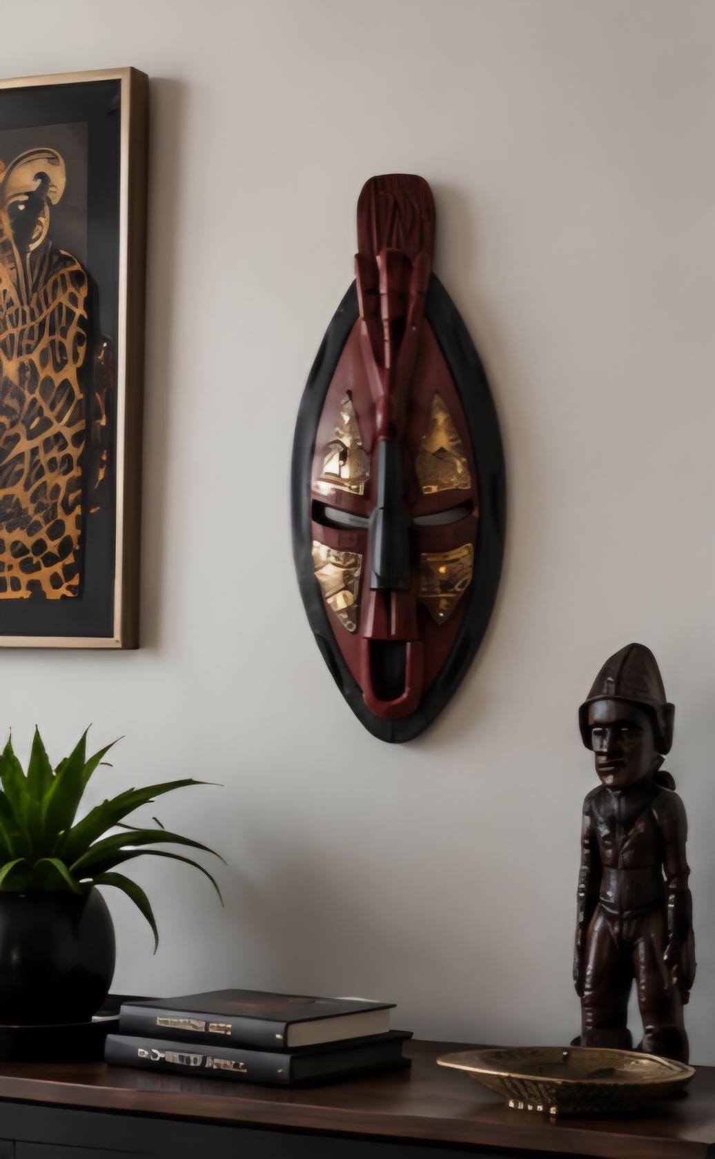 Hand Carved African Wooden Mask, Tribal Wall Decor, Boho Rustic Accent (17 x 5)