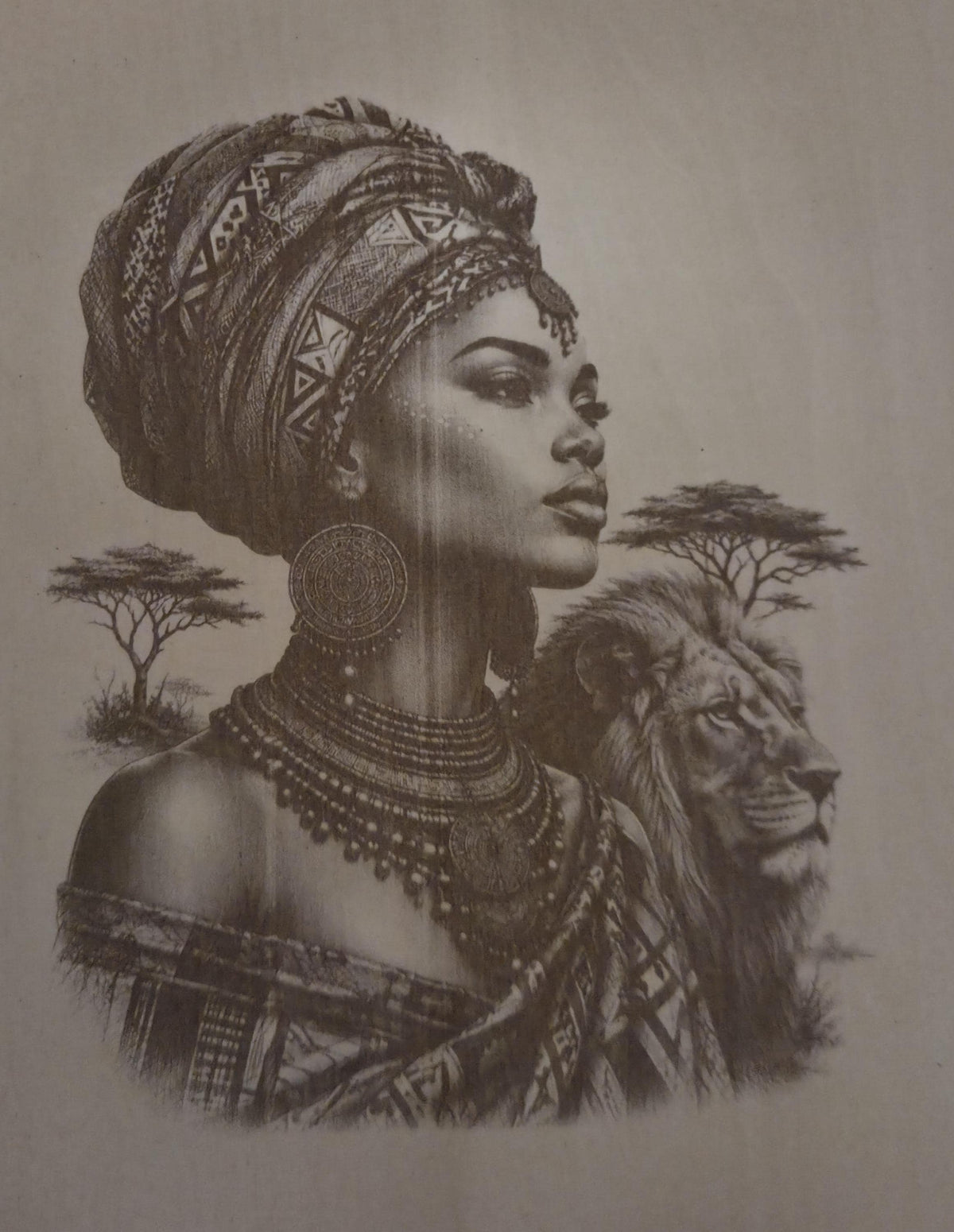 African Queen Wood Wall Art 16x12 Laser Engraved Panel African Lion Wall Decor Handmade Wood Artwork African Heritage Gift