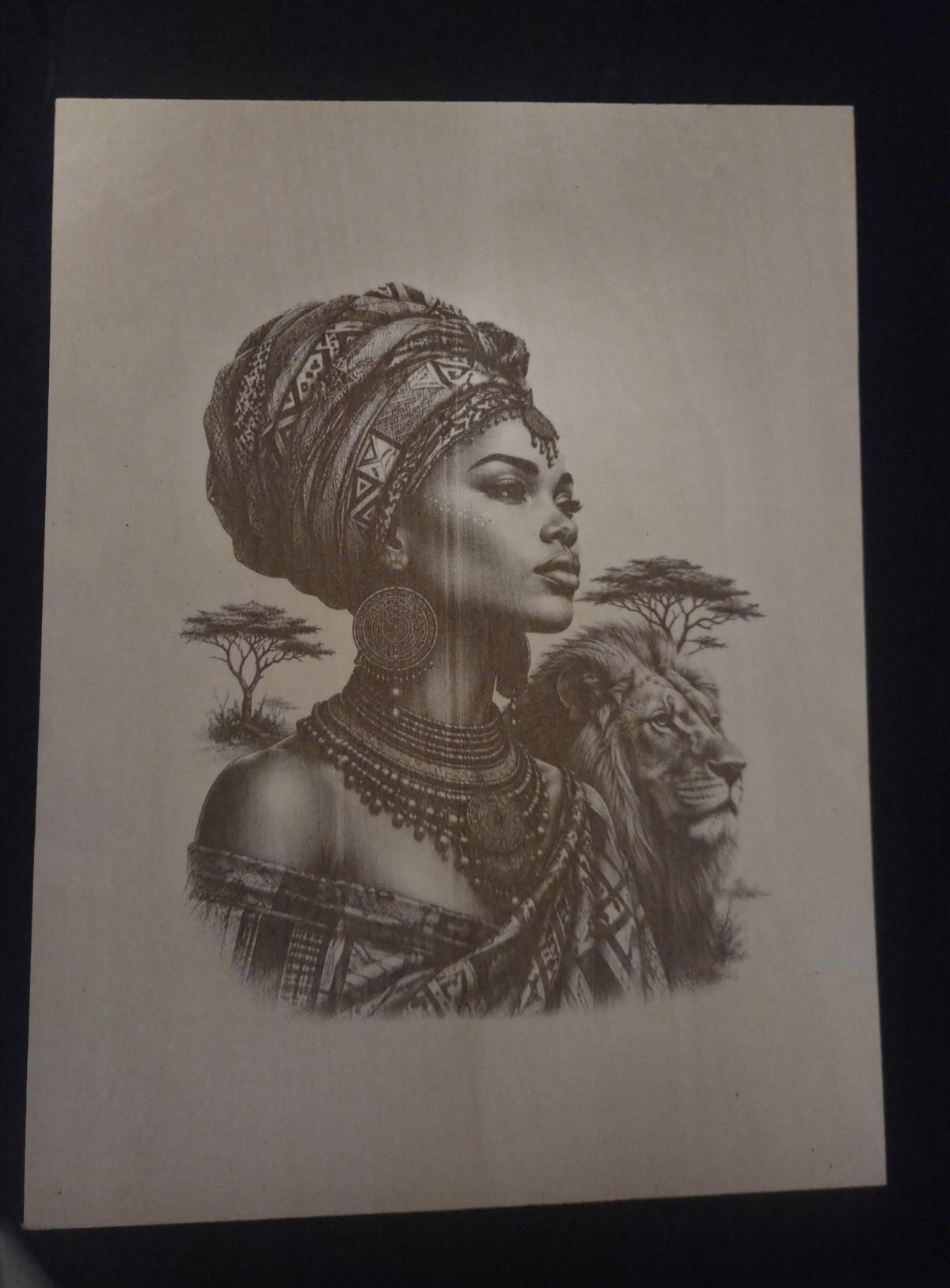 African Queen Wood Wall Art 16x12 Laser Engraved Panel African Lion Wall Decor Handmade Wood Artwork African Heritage Gift