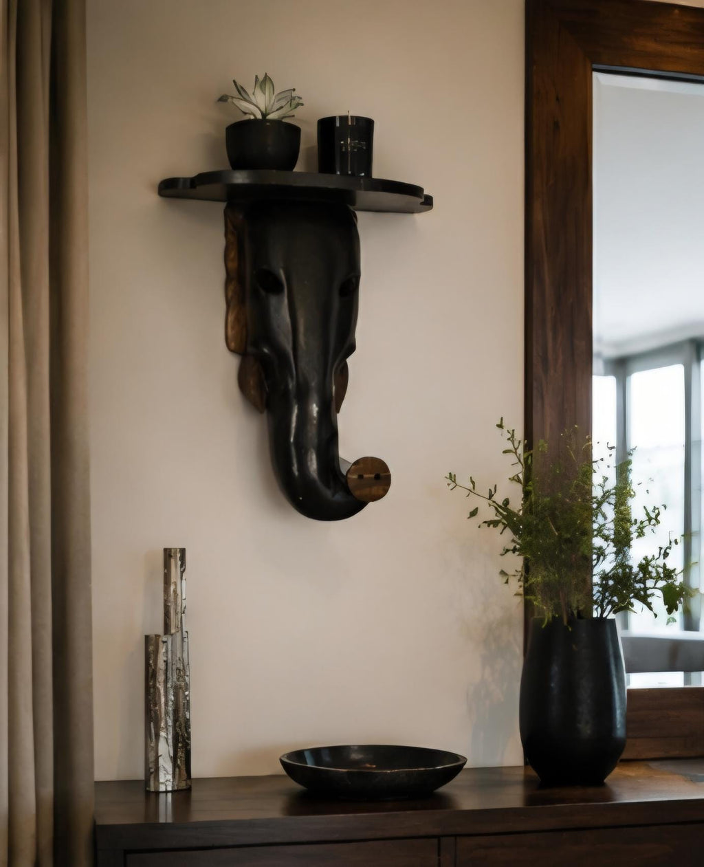 Hand Carved African Elephant Wall Shelf Solid Wood African Wall Art Rustic Safari Decor Luxury Home Accent