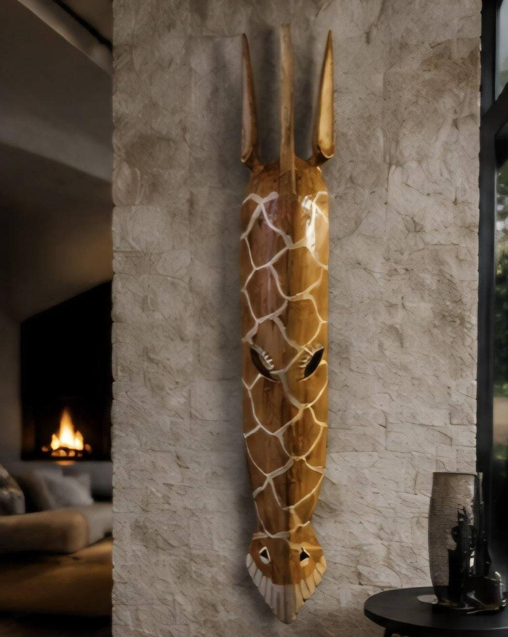 Hand Carved African Giraffe Mask Solid Wood Wall Art 39 Inch Tall African Tribal Decor Safari Home Accent Afrocentric Wall Hanging