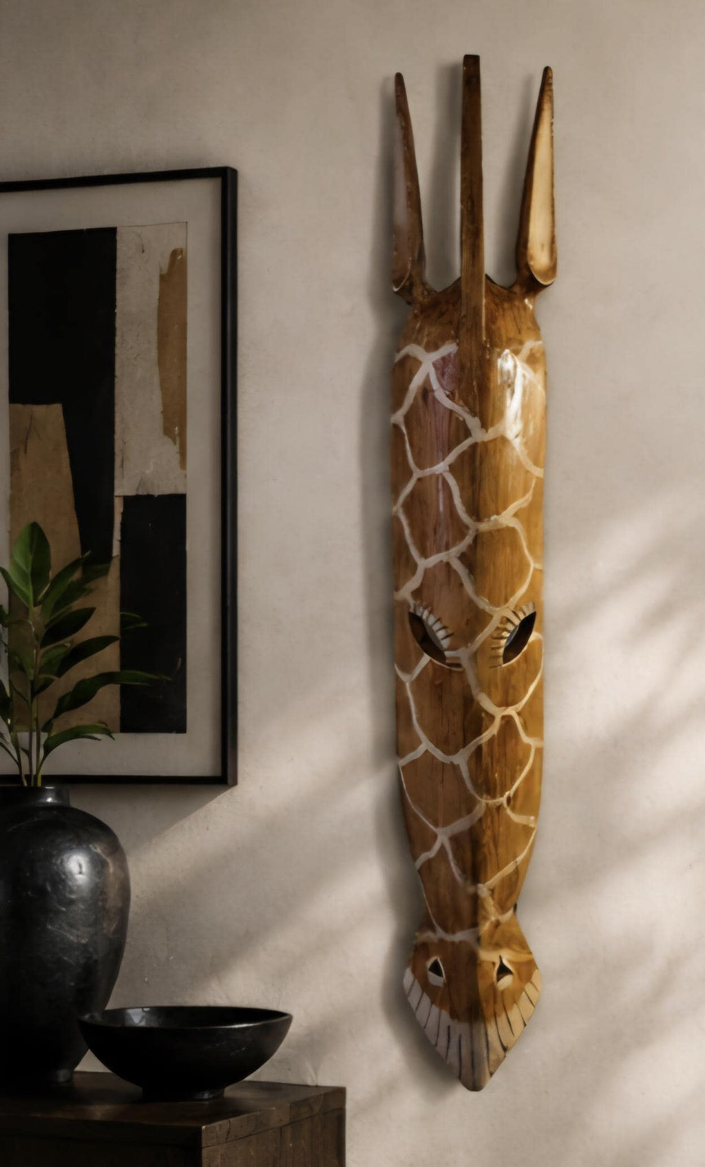 Hand Carved African Giraffe Mask Solid Wood Wall Art 39 Inch Tall African Tribal Decor Safari Home Accent Afrocentric Wall Hanging
