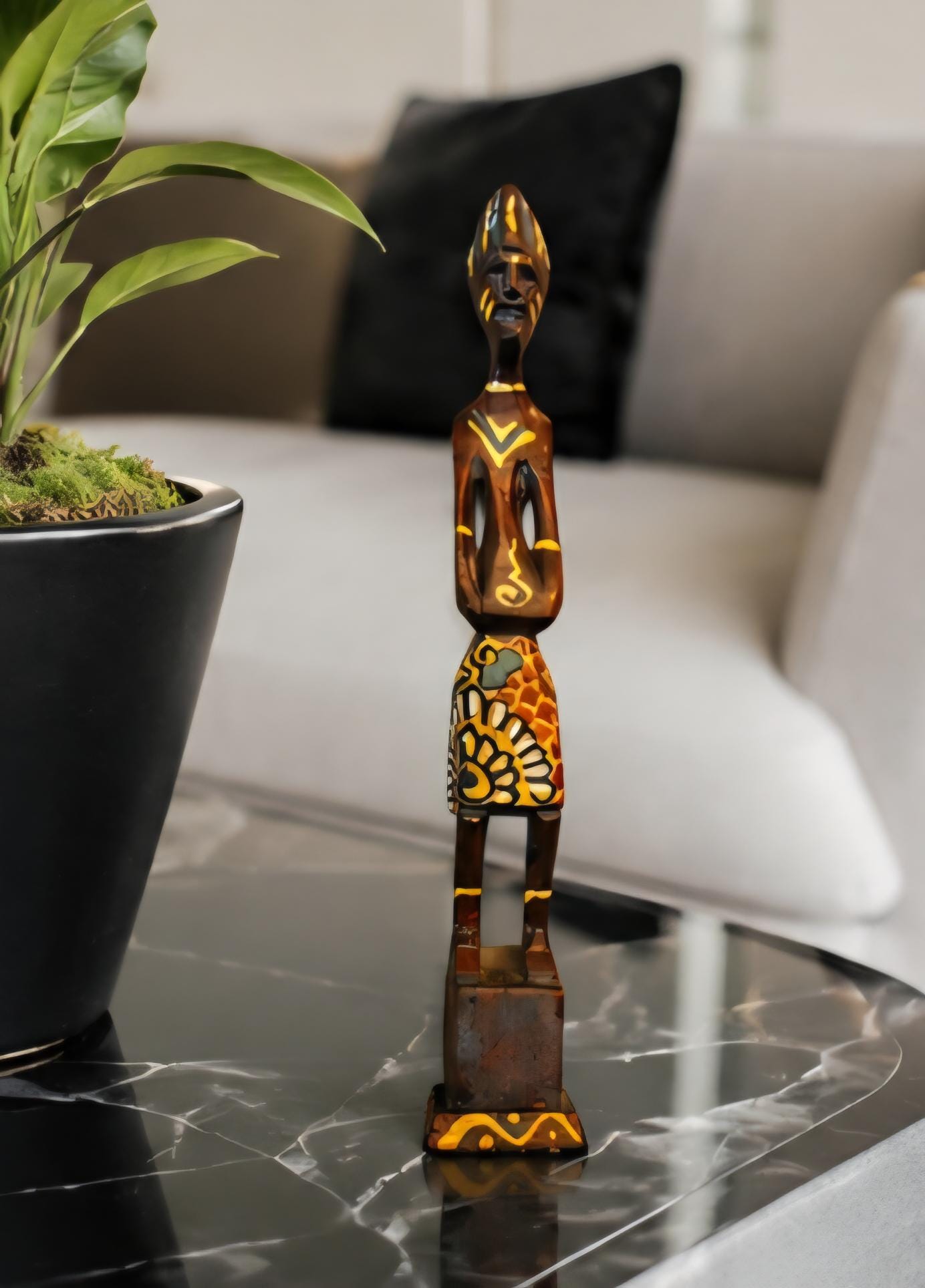 Hand Carved African Wood Figure: 10 Inch Tribal Sculpture, Hand Painted Boho Accent