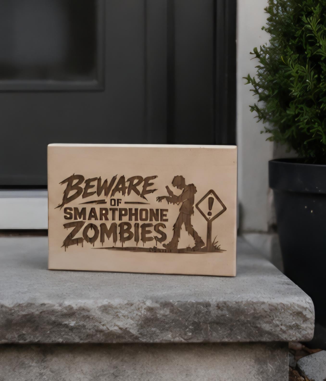 Laser Engraved Wood Sign, Smartphone Zombies Humor, Office Desk Decor, Man Cave Gift