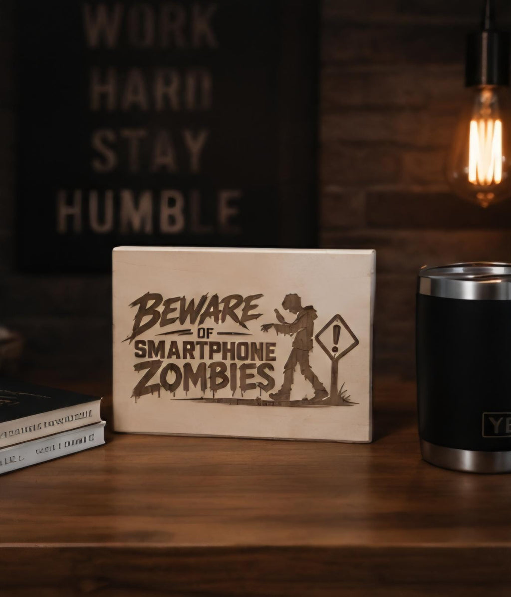 Laser Engraved Wood Sign, Smartphone Zombies Humor, Office Desk Decor, Man Cave Gift