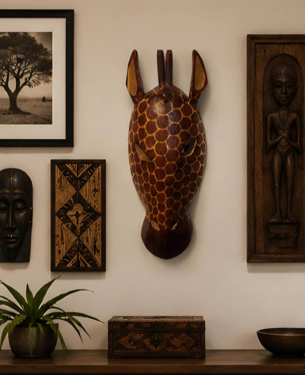 Hand-Carved Kenyan Wall Mask – African Tribal Wood Art – 15" x 6" Decorative Wall Hanging – Authentic African Home Decor