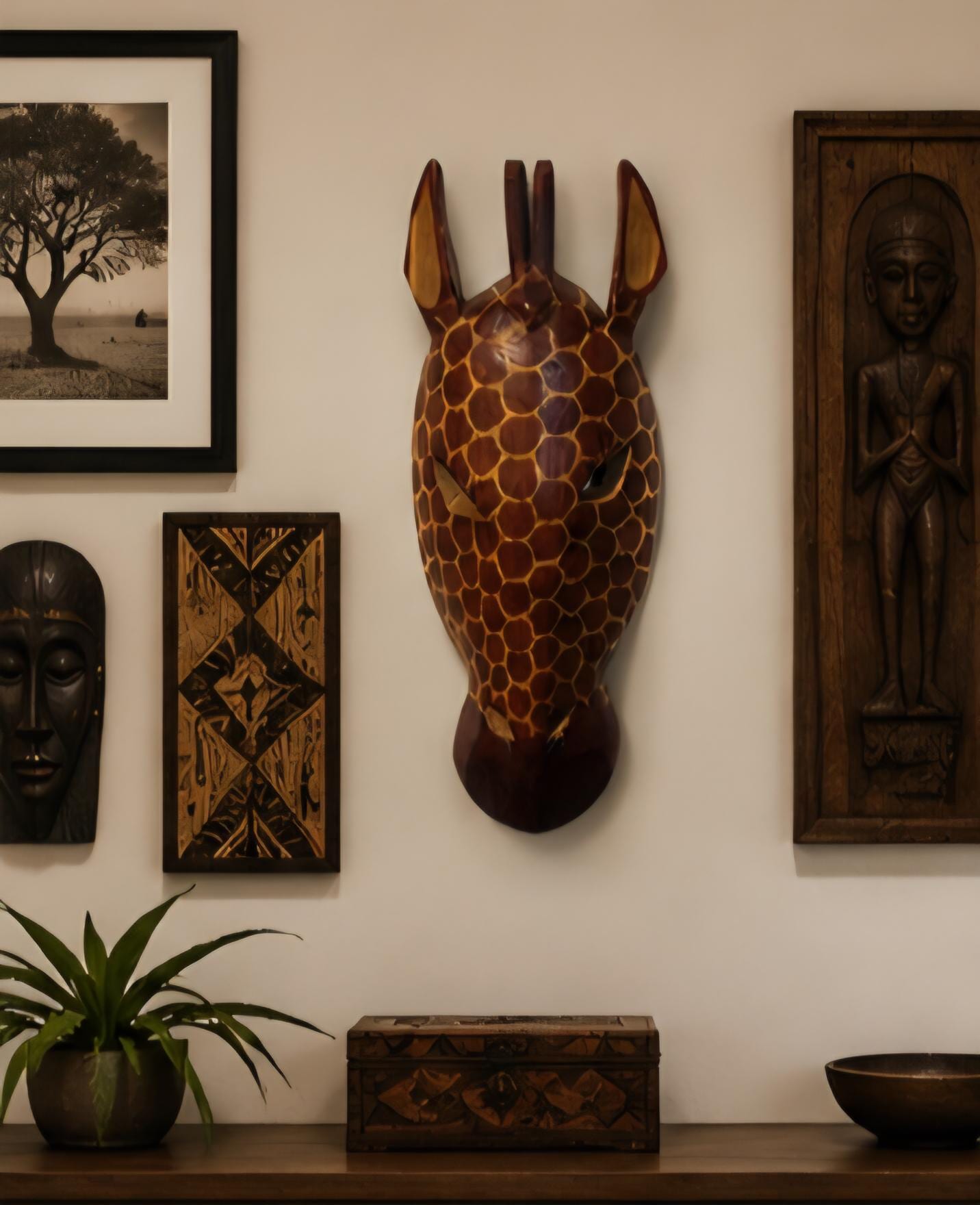 Hand-Carved Kenyan Wall Mask – African Tribal Wood Art – 15" x 6" Decorative Wall Hanging – Authentic African Home Decor
