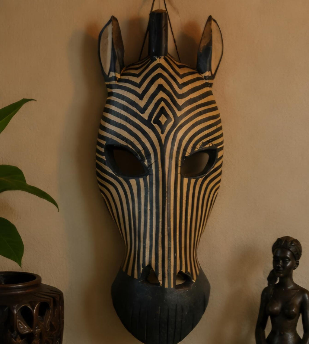 Hand Carved Zebra Mask, 15x6 Tribal Wall Art, African Safari Decor, Cultural Accent