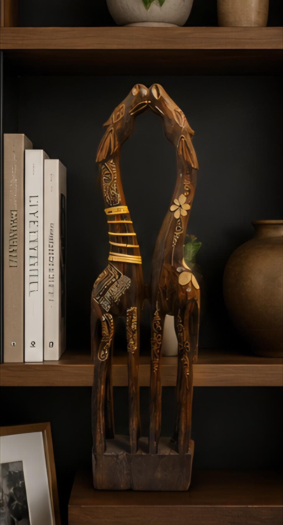 Hand-Carved Intertwined Giraffe Sculpture – African Wood Art Décor, 28 Inch Tall Statement Piece