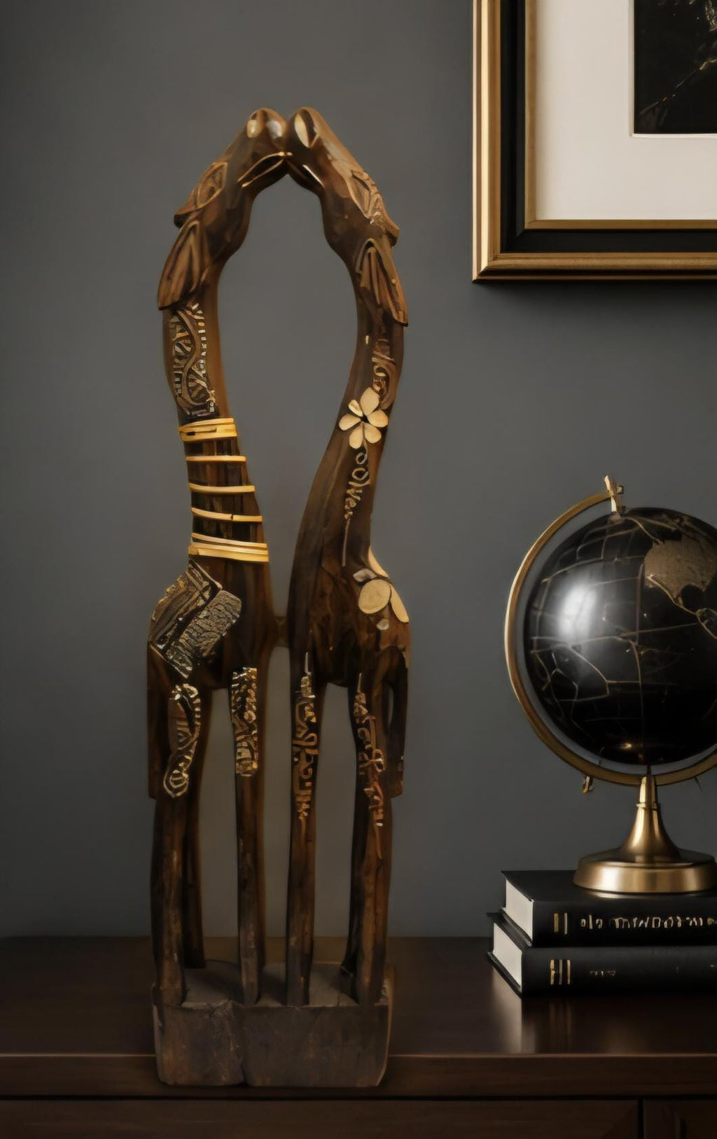 Hand-Carved Intertwined Giraffe Sculpture – African Wood Art Décor, 28 Inch Tall Statement Piece